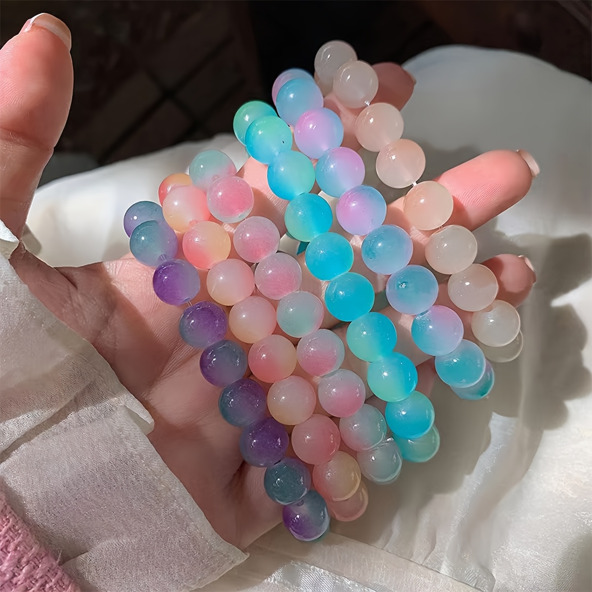 3pcs Pastel Glass Beaded Bracelets Bohemian Style Elastic & Colorful Gift